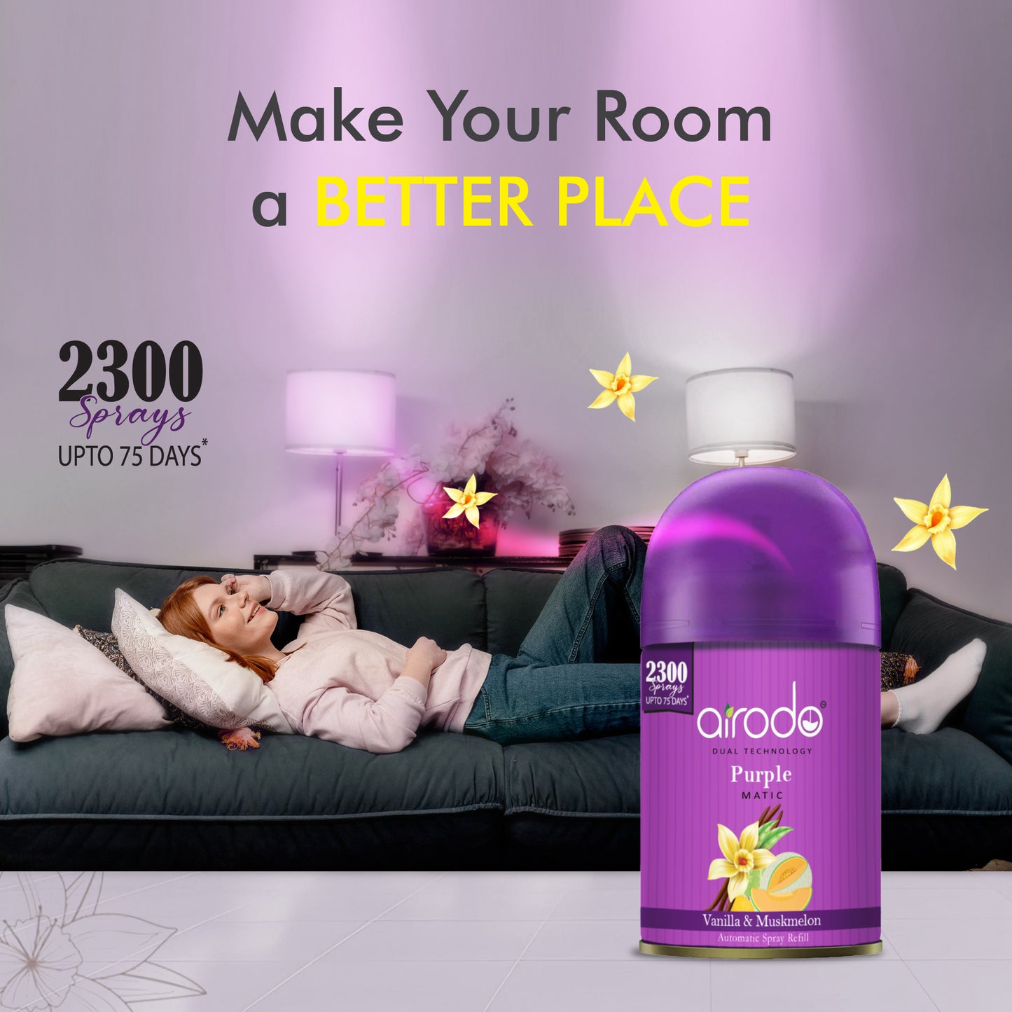 Vanilla and Muskmelon Purple Matic Automatic Air Fershner Oud & Musk with long lasting Fragrance