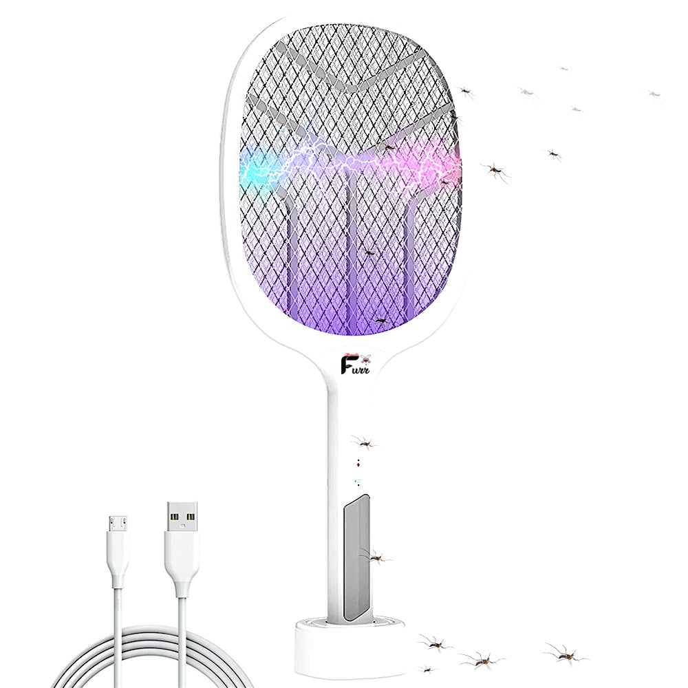 Mosquito Furr White hand Held 2in1 Dual mode Or Auto Kill UV mode Rechargeable Racket Electric Insect Killer Indoor, Outdoor (Bat)