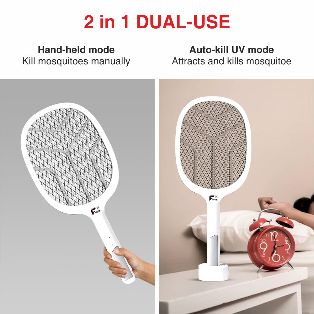 Mosquito Furr White hand Held 2in1 Dual mode Or Auto Kill UV mode Rechargeable Racket Electric Insect Killer Indoor, Outdoor (Bat)