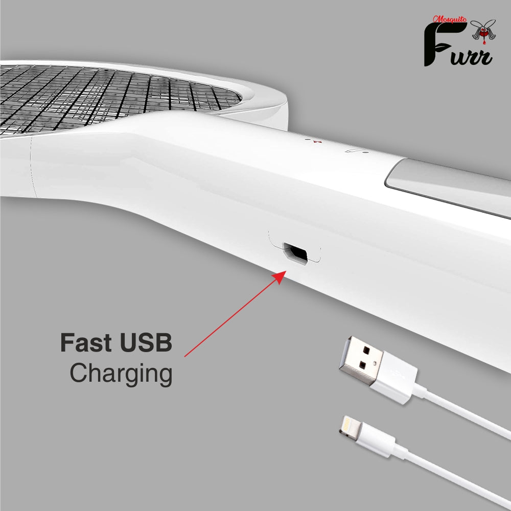 Mosquito Furr White hand Held 2in1 Dual mode Or Auto Kill UV mode Rechargeable Racket Electric Insect Killer Indoor, Outdoor (Bat)