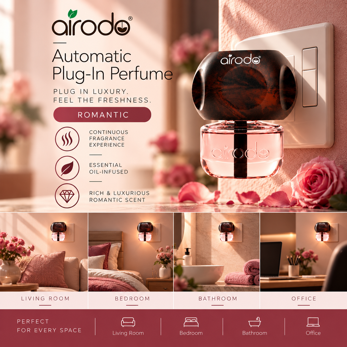 Airodo Automatic Electric Plug-In Perfume Air Freshener | Essential Oil Infused | Long-Lasting Aroma | Room, Bathroom & Office | 1 Machine + 1 Refill (50ml)| Romantic
