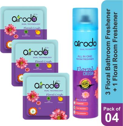 AIRODO Floral Crush Air freshner power pocket gel (3)and Room freshener Bottle(1) combo Spray, Blocks  (4 x 1 Units)