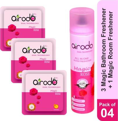 AIRODO Magic Rose Air freshner power pocket gel (3)and Room freshener Bottle(1) combo Blocks, Spray  (4 x 1 Units)