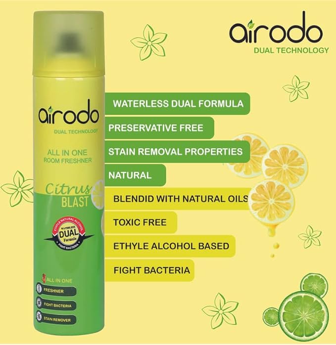 AIRODO Citrus Blast Air Freshener with Dual Technology, Easy Push and Spray, Stain Removal Floral Crush, All in One Room Freshener for Home and Office