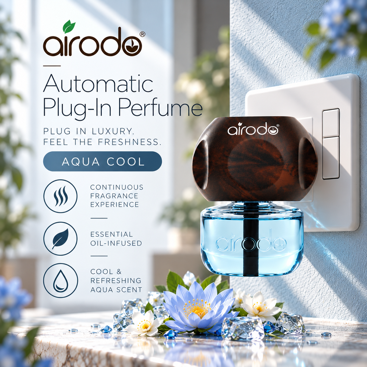Airodo Automatic Electric Plug-In Perfume Air Freshener | Essential Oil Infused | Long-Lasting Aroma | Room, Bathroom & Office | 1 Machine + 1 Refill (50ml)| Aqua Wave