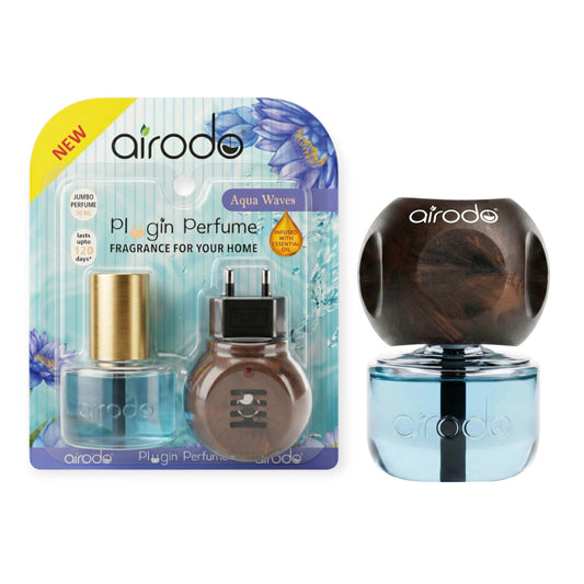Airodo Automatic Electric Plug-In Perfume Air Freshener | Essential Oil Infused | Long-Lasting Aroma for 120 Days | Room, Bathroom & Office | 1 Machine + 1 Refill (50ml)| Aqua Wave