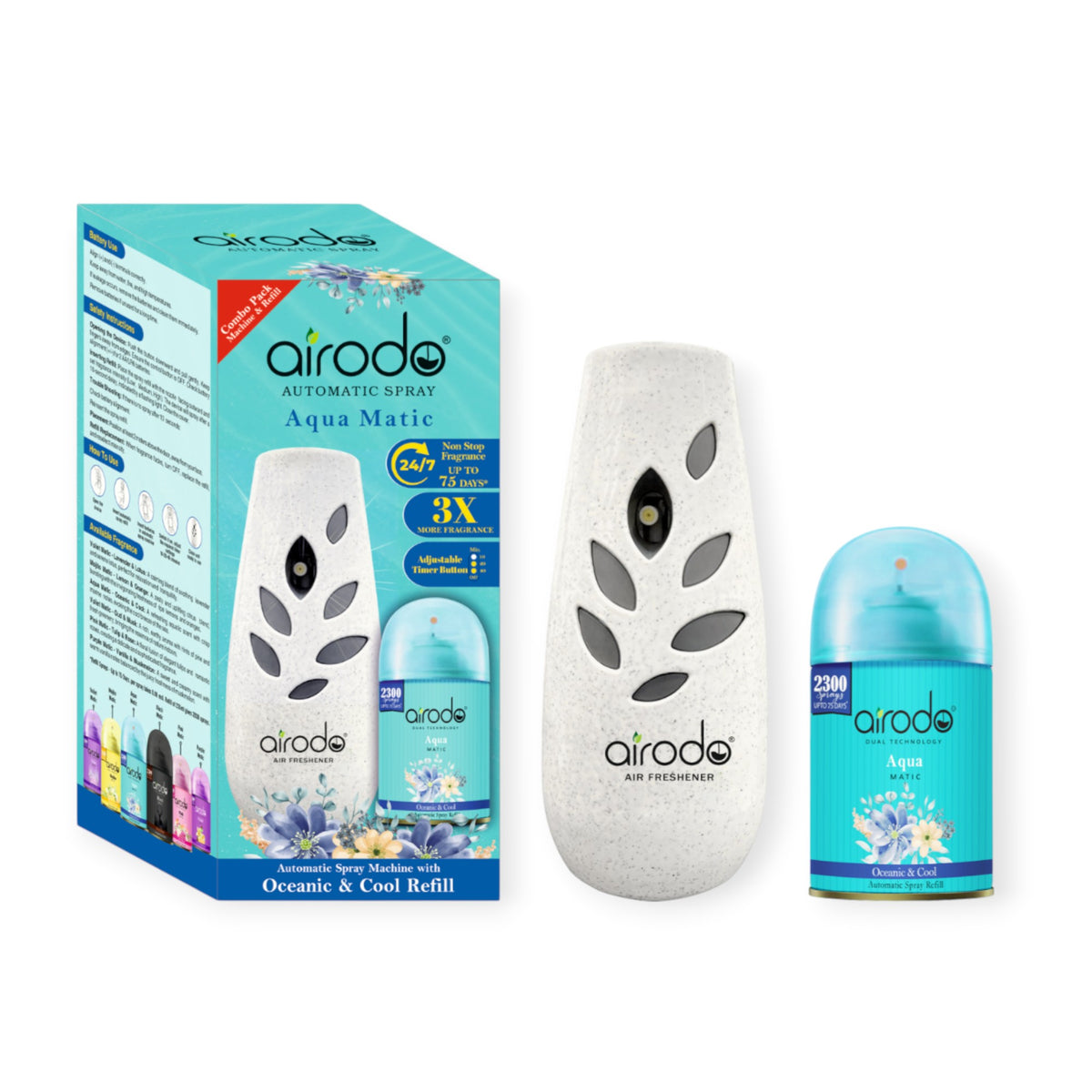AIRODO Automatic Air Freshener Machine with Refill-(235ml Refill + Machine) Automatic Spray |Aqua |2300 Sprays |3x More Fragrance|Room & Bathroom Automatic Spray (235 ml)