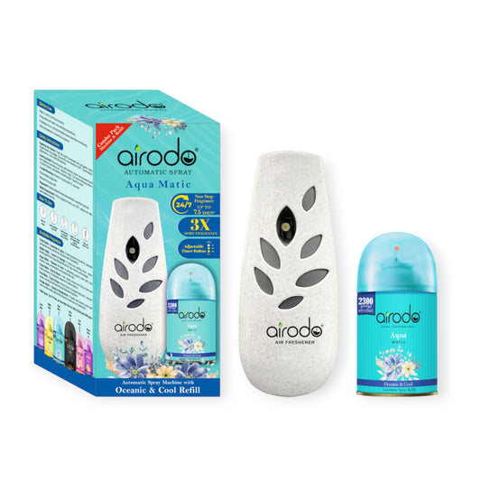 AIRODO Automatic Air Freshener Machine with Refill-(235ml Refill + Machine) Automatic Spray |Aqua Matic|2300 Sprays |3x More Fragrance|Room & Bathroom Automatic Spray (235 ml)