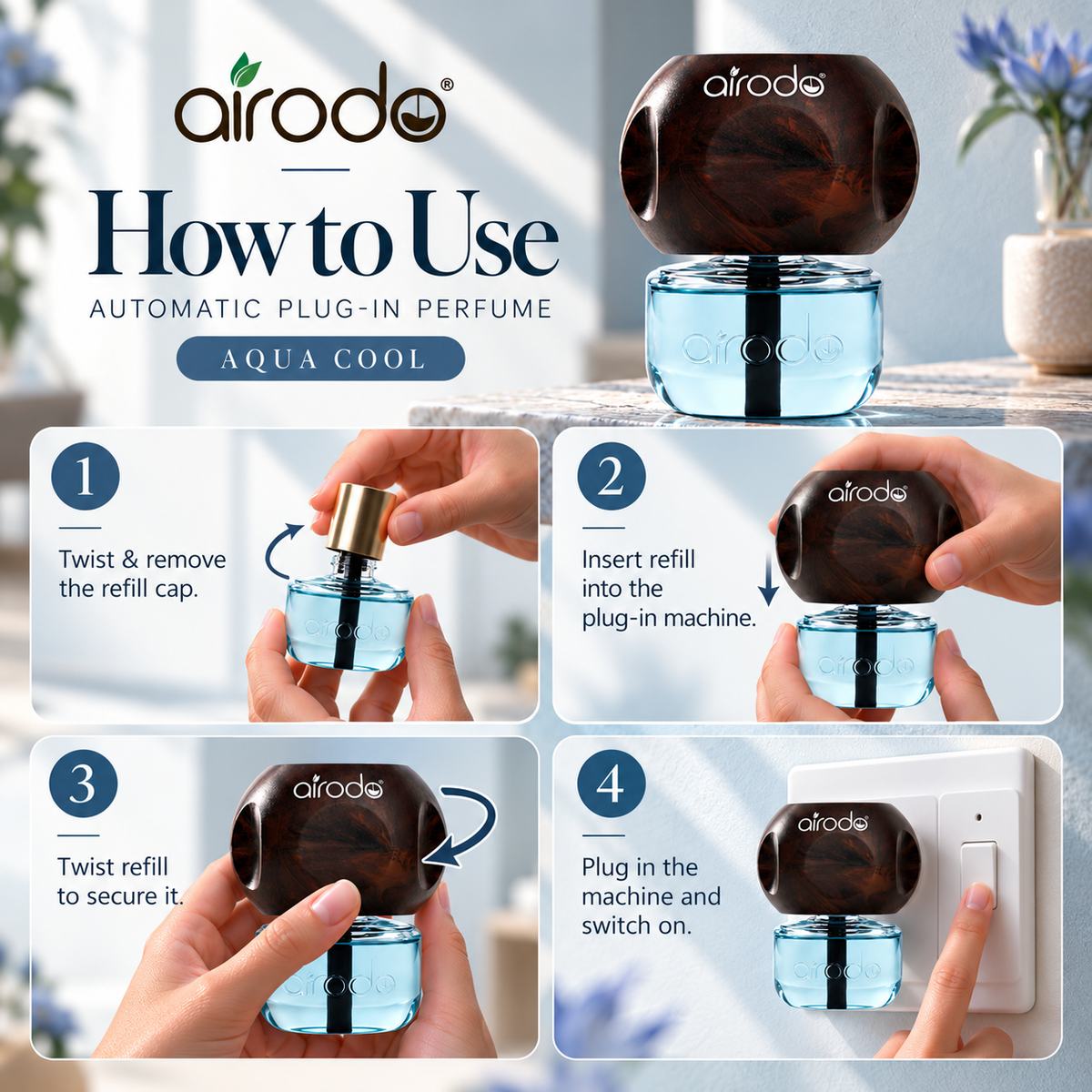 Airodo Automatic Electric Plug-In Perfume Air Freshener | Essential Oil Infused | Long-Lasting Aroma | Room, Bathroom & Office | 1 Machine + 1 Refill (50ml)| Aqua Wave