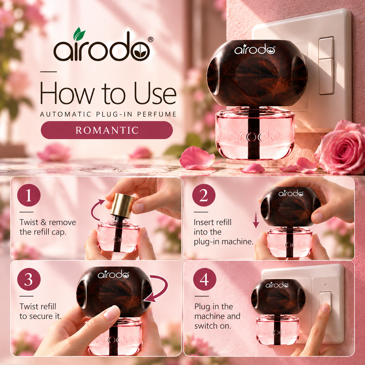 Airodo Automatic Electric Plug-In Perfume Air Freshener | Essential Oil Infused | Long-Lasting Aroma | Room, Bathroom & Office | 1 Machine + 1 Refill (50ml)| Romantic