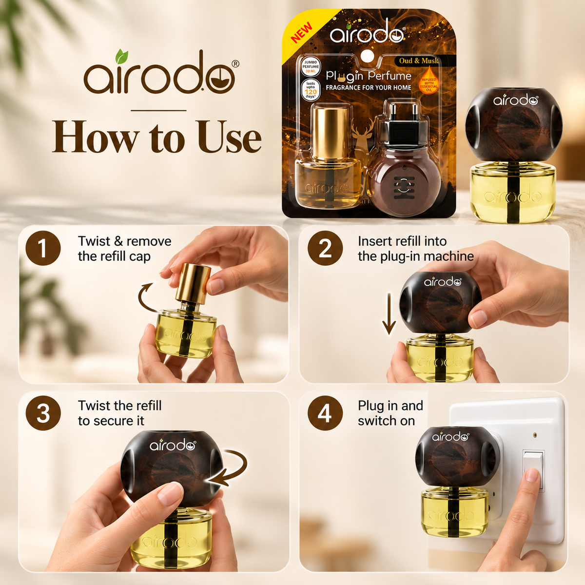 Airodo Automatic Electric Plug-In Perfume Air Freshener | Essential Oil Infused | Long-Lasting Aroma | Room, Bathroom & Office | 1 Machine +1 Refill (50ml)| Oud & Musk
