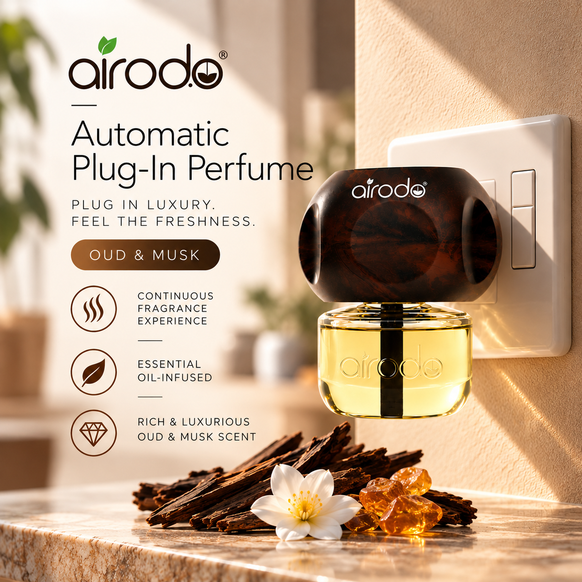 Airodo Automatic Electric Plug-In Perfume Air Freshener | Essential Oil Infused | Long-Lasting Aroma | Room, Bathroom & Office | 1 Machine +1 Refill (50ml)| Oud & Musk