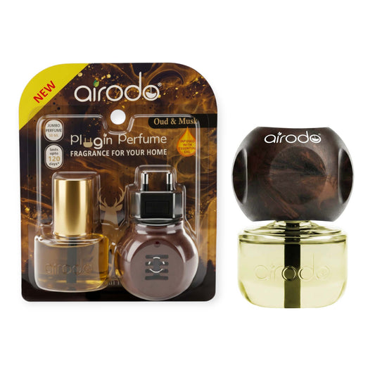 Airodo Automatic Electric Plug-In Perfume Air Freshener | Essential Oil Infused | Long-Lasting Aroma for 120 Days | Room, Bathroom & Office | 1 Machine +1 Refill (50ml)| Oud & Musk