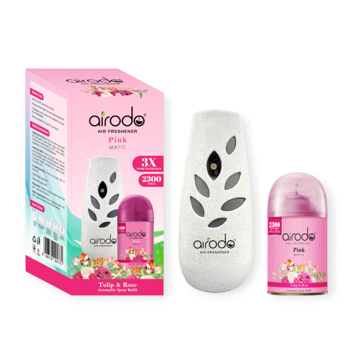 AIRODO Automatic Air Freshener Machine with Refill-(235ml Refill + Machine) Automatic Spray |Tulip & Rose|2300 Sprays |3x More Fragrance|Room & Bathroom Automatic Spray (235 ml)