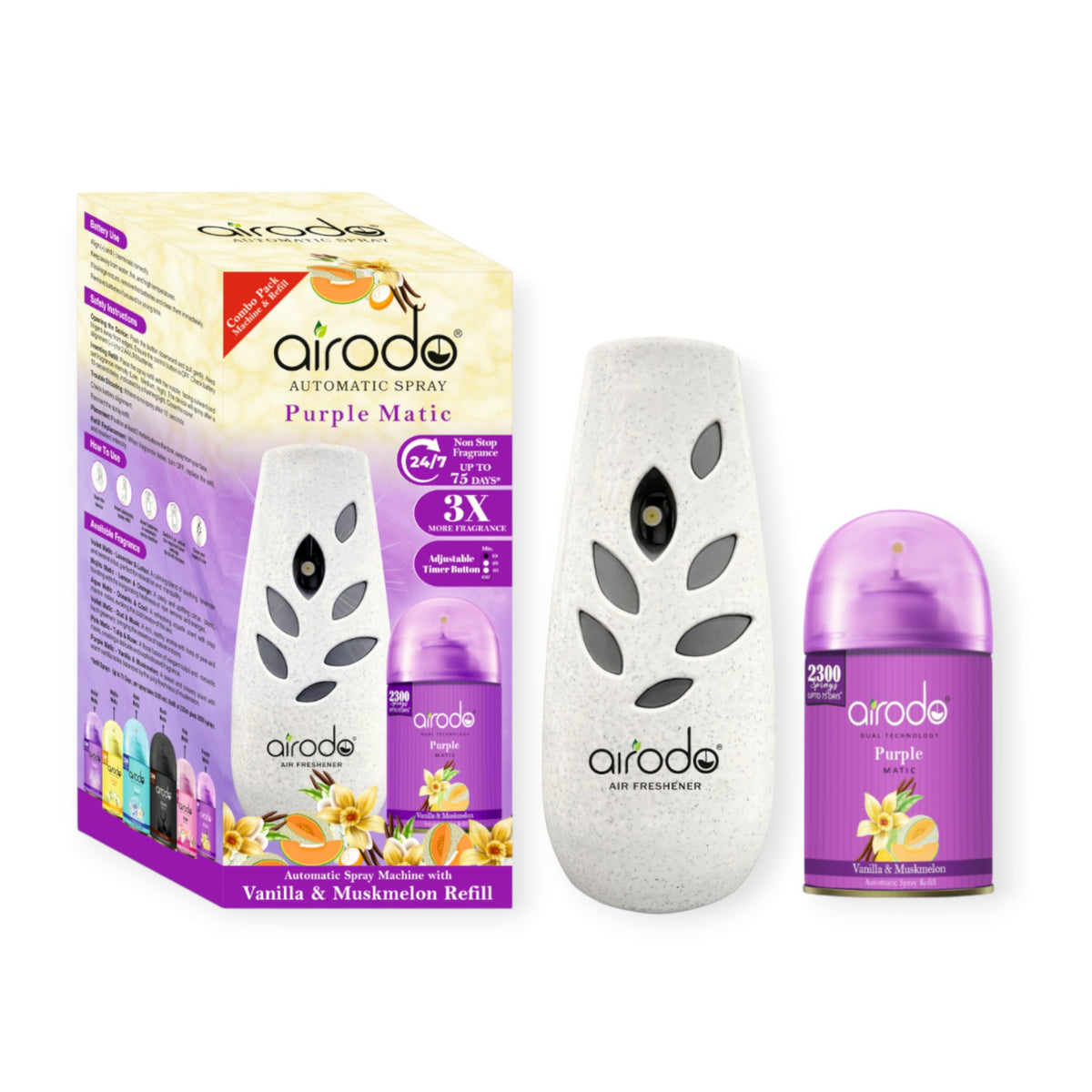 AIRODO Automatic Air Freshener Machine with Refill-(235ml Refill + Machine) Automatic Spray |Vanilla & Muskmelon|2300 Sprays |3x More Fragrance|Room & Bathroom Automatic Spray (235 ml)