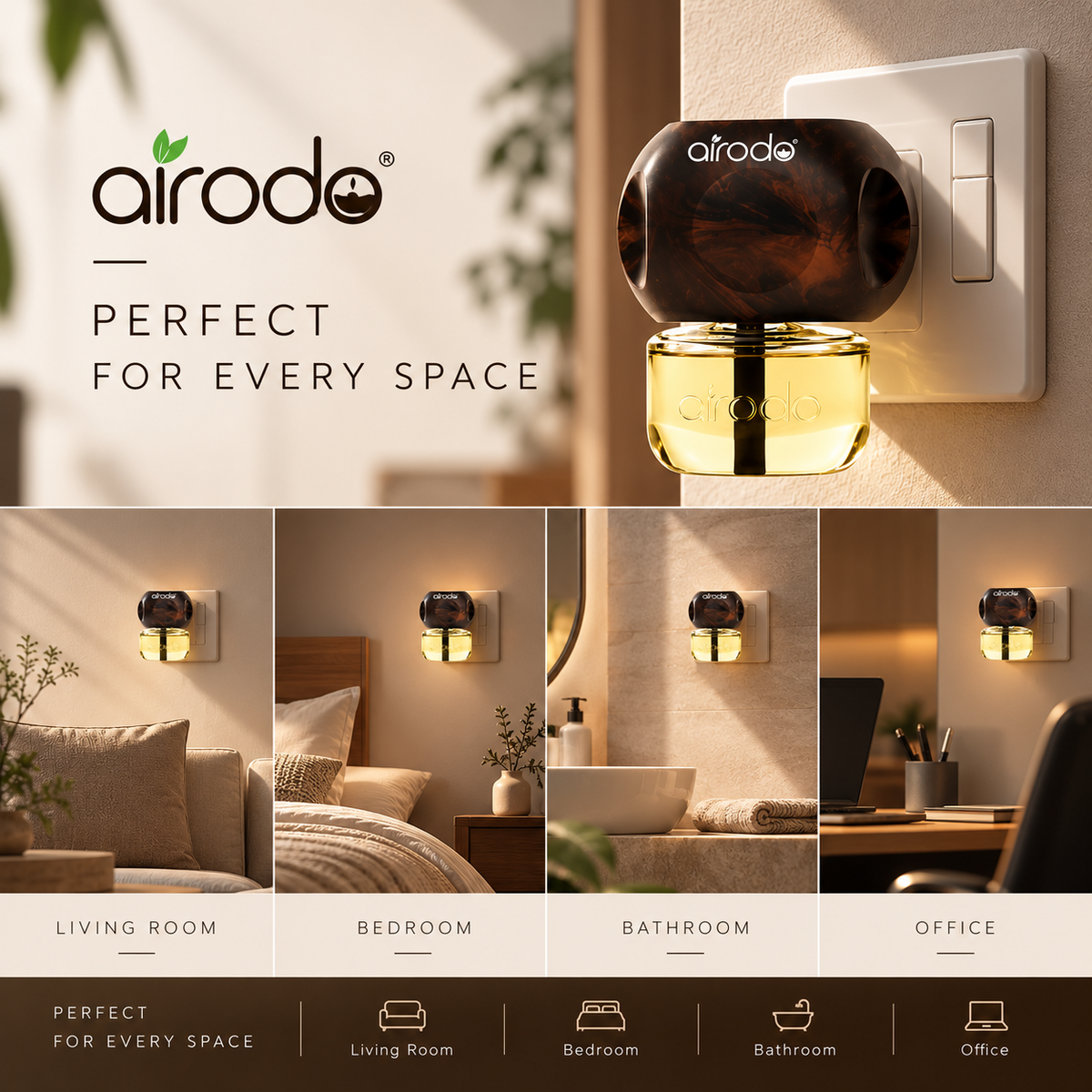 Airodo Automatic Electric Plug-In Perfume Air Freshener | Essential Oil Infused | Long-Lasting Aroma | Room, Bathroom & Office | 1 Machine +1 Refill (50ml)| Oud & Musk