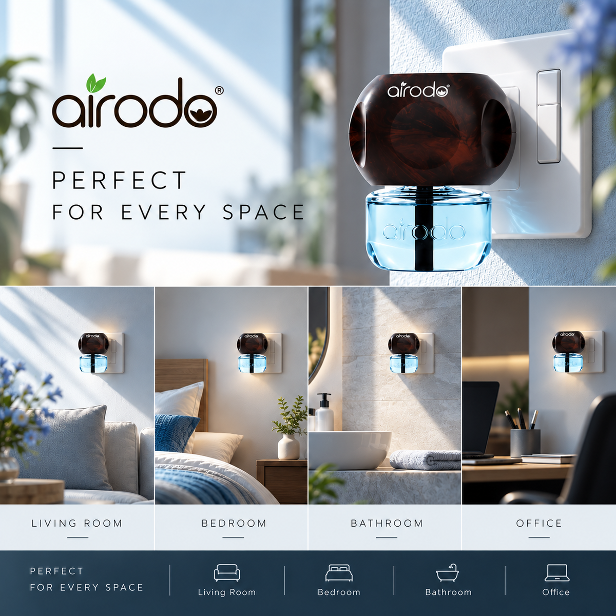 Airodo Automatic Electric Plug-In Perfume Air Freshener | Essential Oil Infused | Long-Lasting Aroma | Room, Bathroom & Office | 1 Machine + 1 Refill (50ml)| Aqua Wave