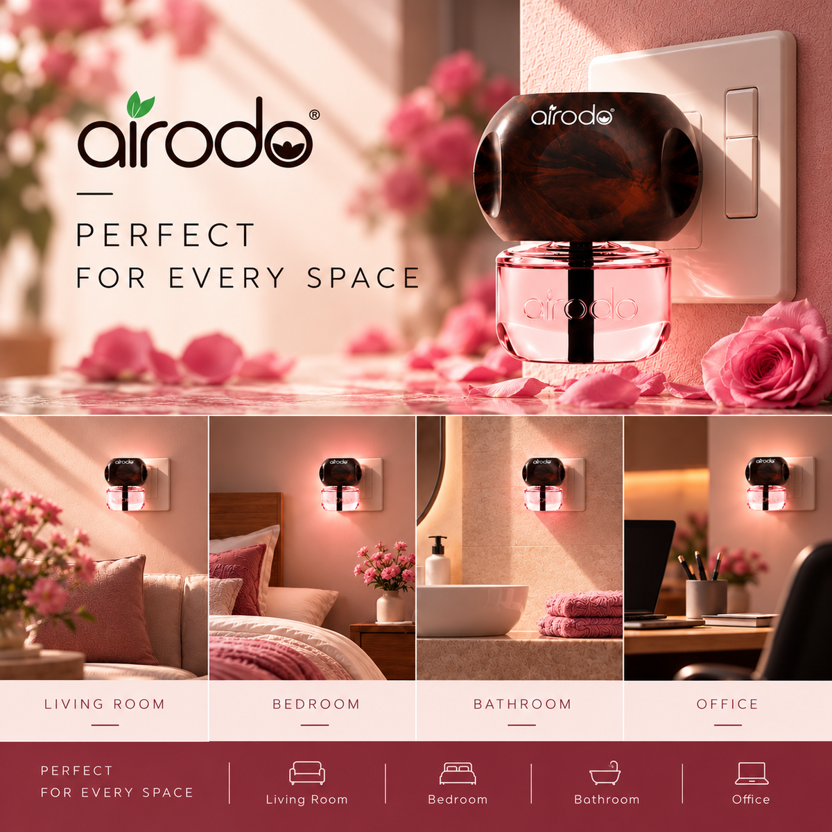 Airodo Automatic Electric Plug-In Perfume Air Freshener | Essential Oil Infused | Long-Lasting Aroma | Room, Bathroom & Office | 1 Machine + 1 Refill (50ml)| Romantic