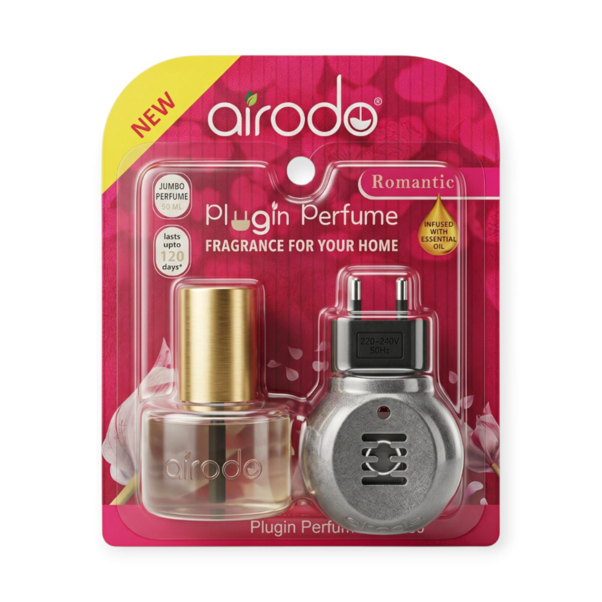 Airodo Automatic Electric Plug-In Perfume Air Freshener | Essential Oil Infused | Long-Lasting Aroma for 120 Days | Room, Bathroom & Office | 1 Machine + 1 Refill (50ml)| Romantic