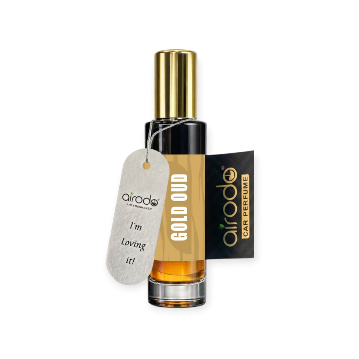 AIRODO Gold Oud Car Air Freshener Spray with Hanging Card | Luxury Car Perfume | 30 ml | 200+ Sprays | Long-Lasting Fragrance