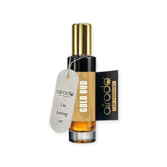 AIRODO Gold Oud Car Air Freshener Spray with Hanging Card | Luxury Car Perfume | 30 ml | 200+ Sprays | Long-Lasting Fragrance